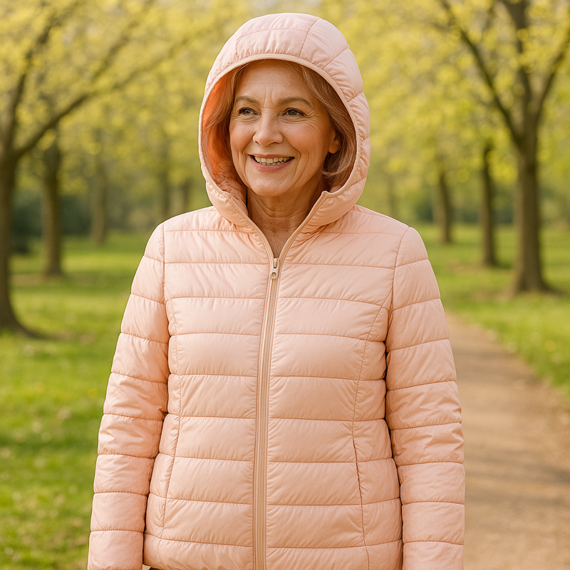Metta light pink hooded puffer jacket, front view