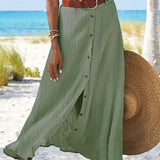 Button front linen style maxi skirt in Green, view 2