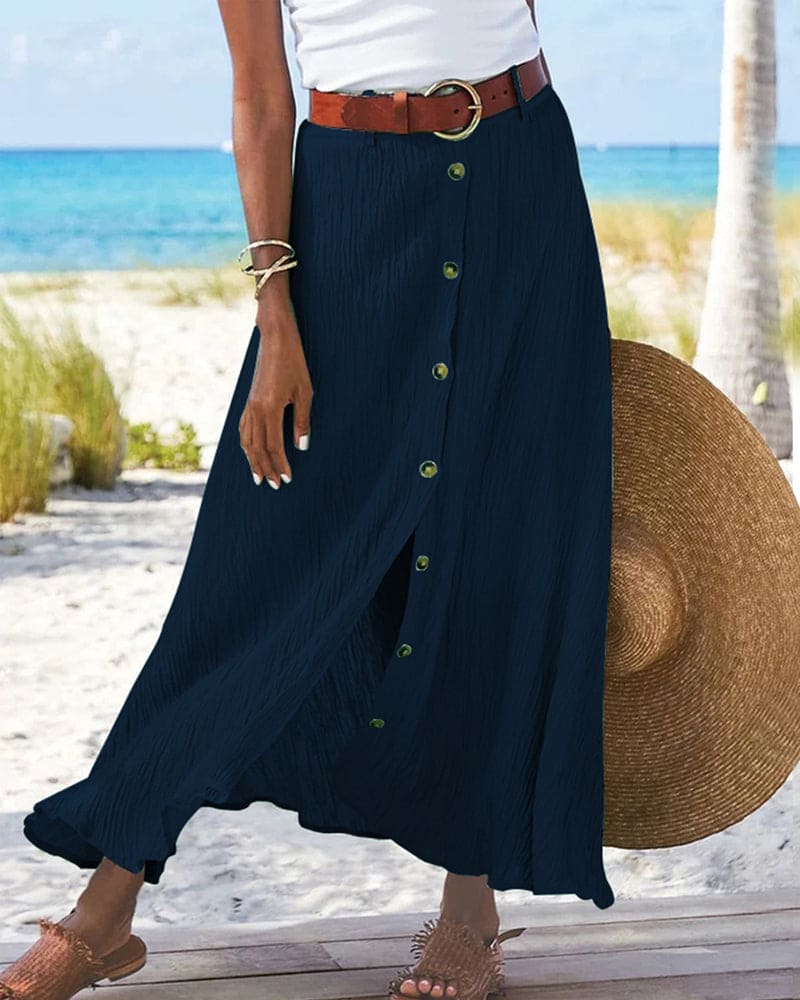 Button front linen style maxi skirt in Navy Blue, view 3