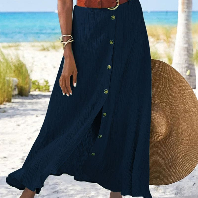 Button front linen style maxi skirt in Navy Blue, view 3