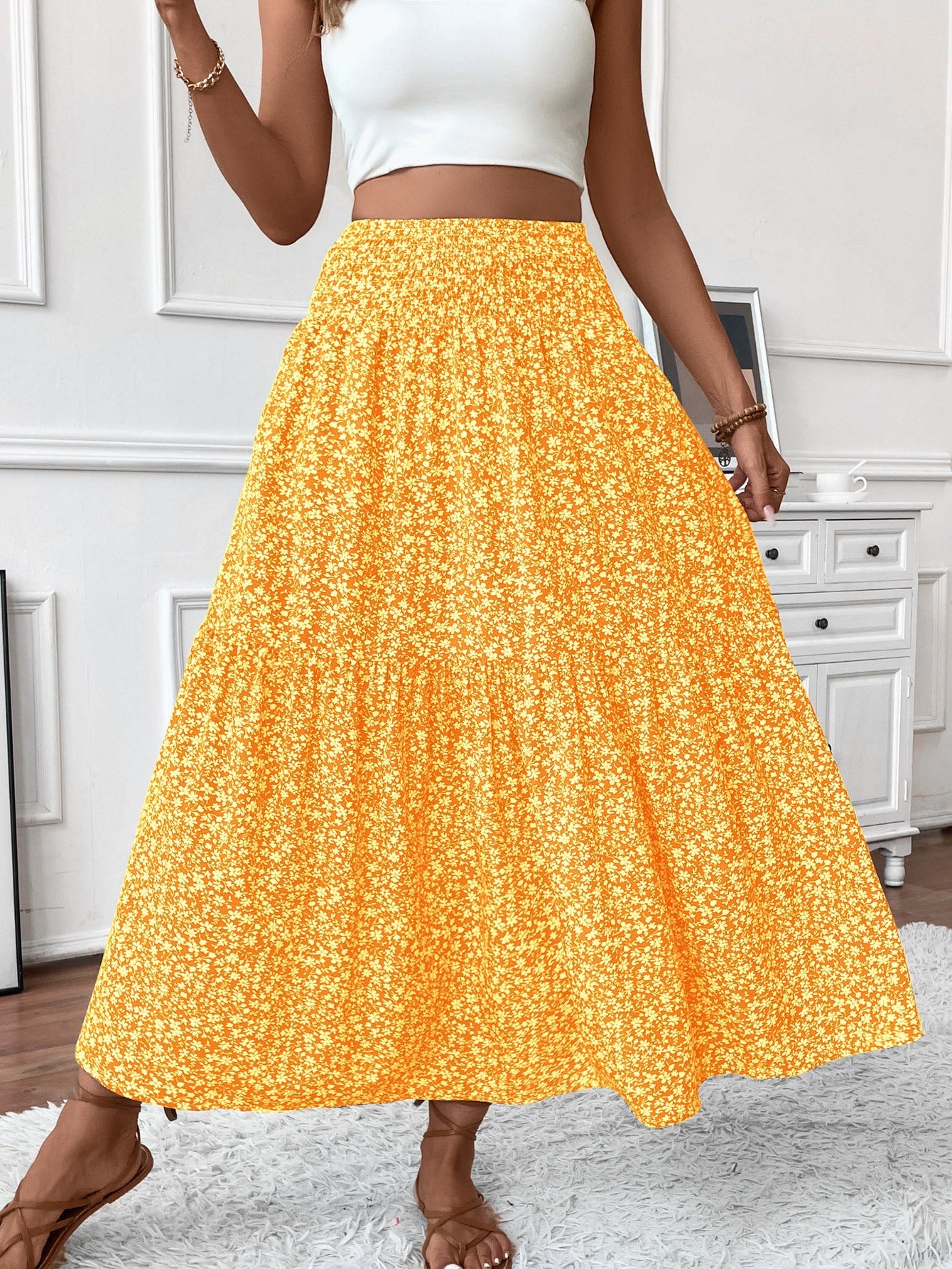 Ditsy floral tiered maxi skirt in Yellow, view 5