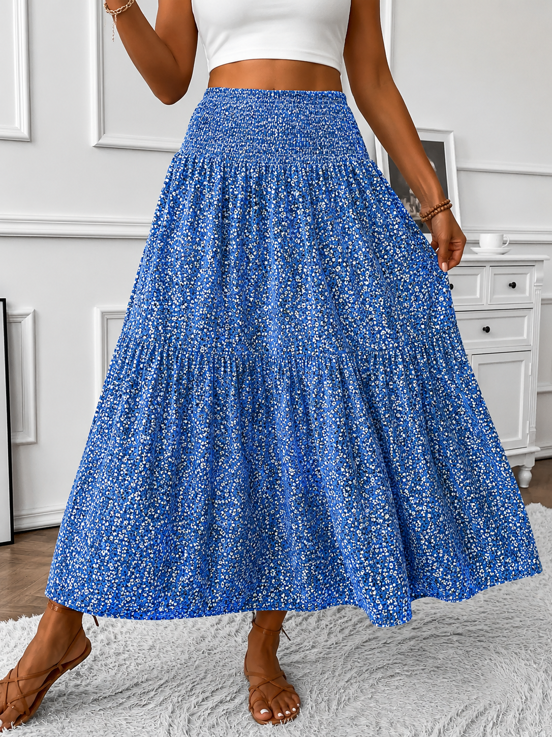 Ditsy floral tiered maxi skirt in Blue, view 6