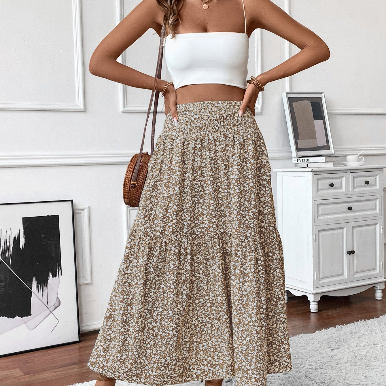 Ditsy floral tiered maxi skirt in Beige, view 2