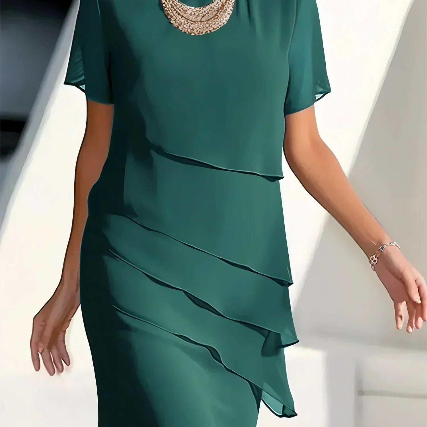 Monica tiered short sleeve midi dress in Green, view 3
