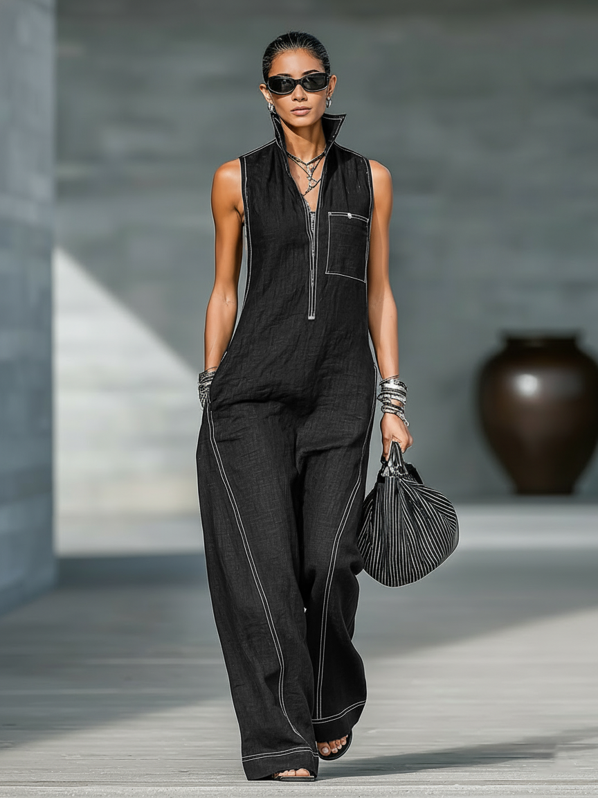 Sleeveless Jumpsuit with White Hem, view 5
