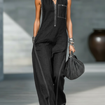 Sleeveless Jumpsuit with White Hem in Black, front view