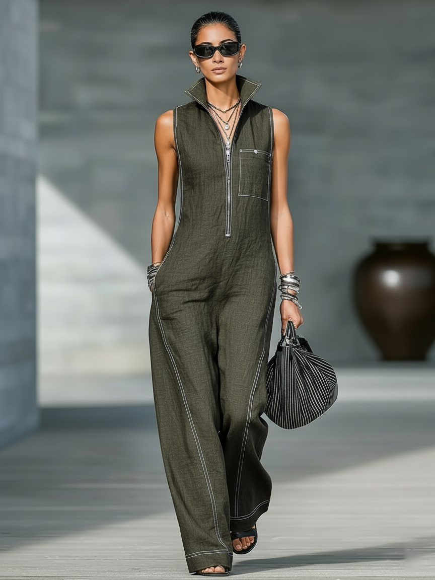 Sleeveless Jumpsuit with White Hem in Olive Green, view 6