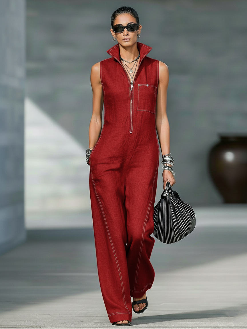 Sleeveless Jumpsuit with White Hem in Red, view 7