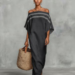 Minimalist off shoulder linen maxi dress in Dark Grey, view 3