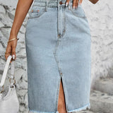 High waist denim midi skirt with front split in Light Blue, view 4