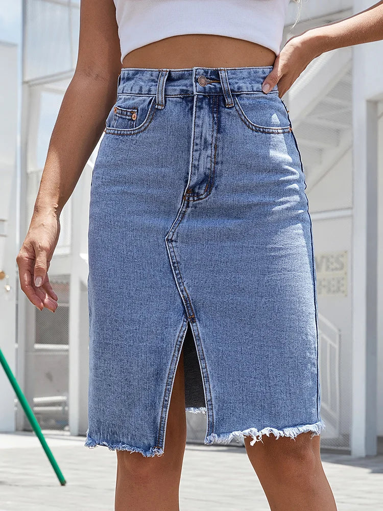 High waist denim midi skirt with front split in Blue, front view