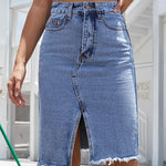 High waist denim midi skirt with front split in Blue, front view