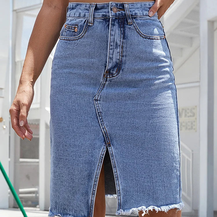High waist denim midi skirt with front split in Blue, front view