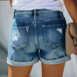 High waist distressed denim shorts with button fly, view 2