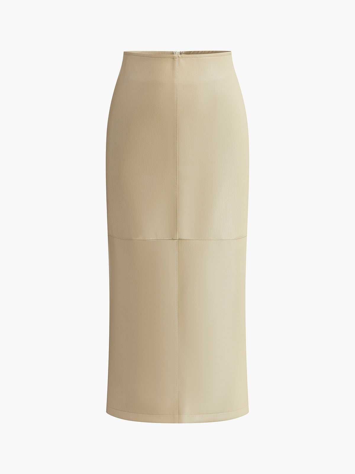 Cream faux leather midi skirt with back slit, view 2