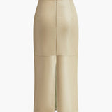 Cream faux leather midi skirt with back slit, view 3