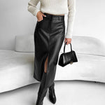 Faux leather pencil midi skirt with front split, view 2