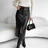 Faux leather pencil midi skirt with front split, view 2
