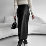 Faux leather pencil midi skirt with front split, view 3