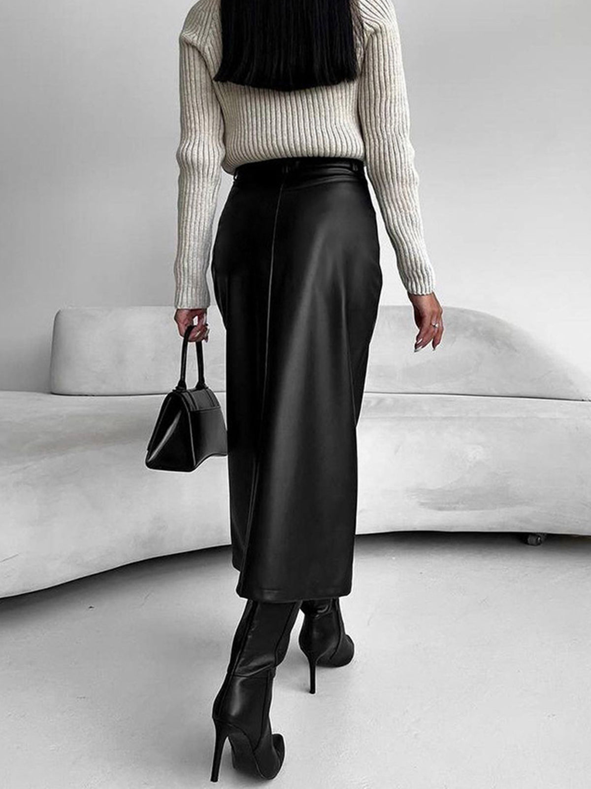 Faux leather pencil midi skirt with front split, view 3