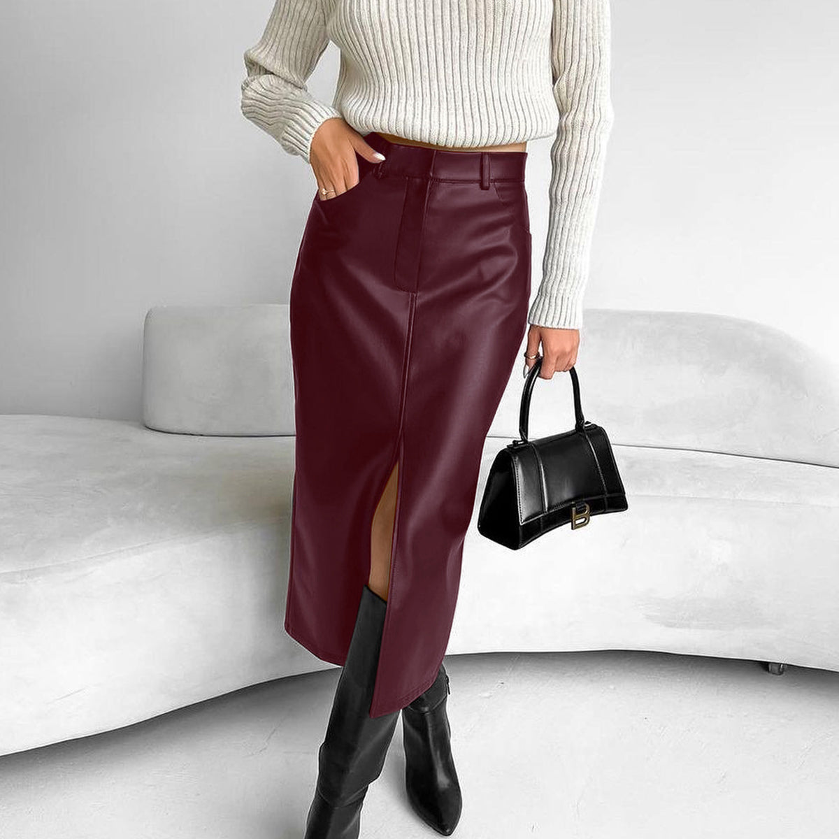Faux leather pencil midi skirt with front split in Burgundy, view 4