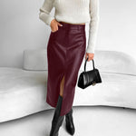 Faux leather pencil midi skirt with front split in Burgundy, view 4
