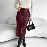 Faux leather pencil midi skirt with front split in Burgundy, view 4