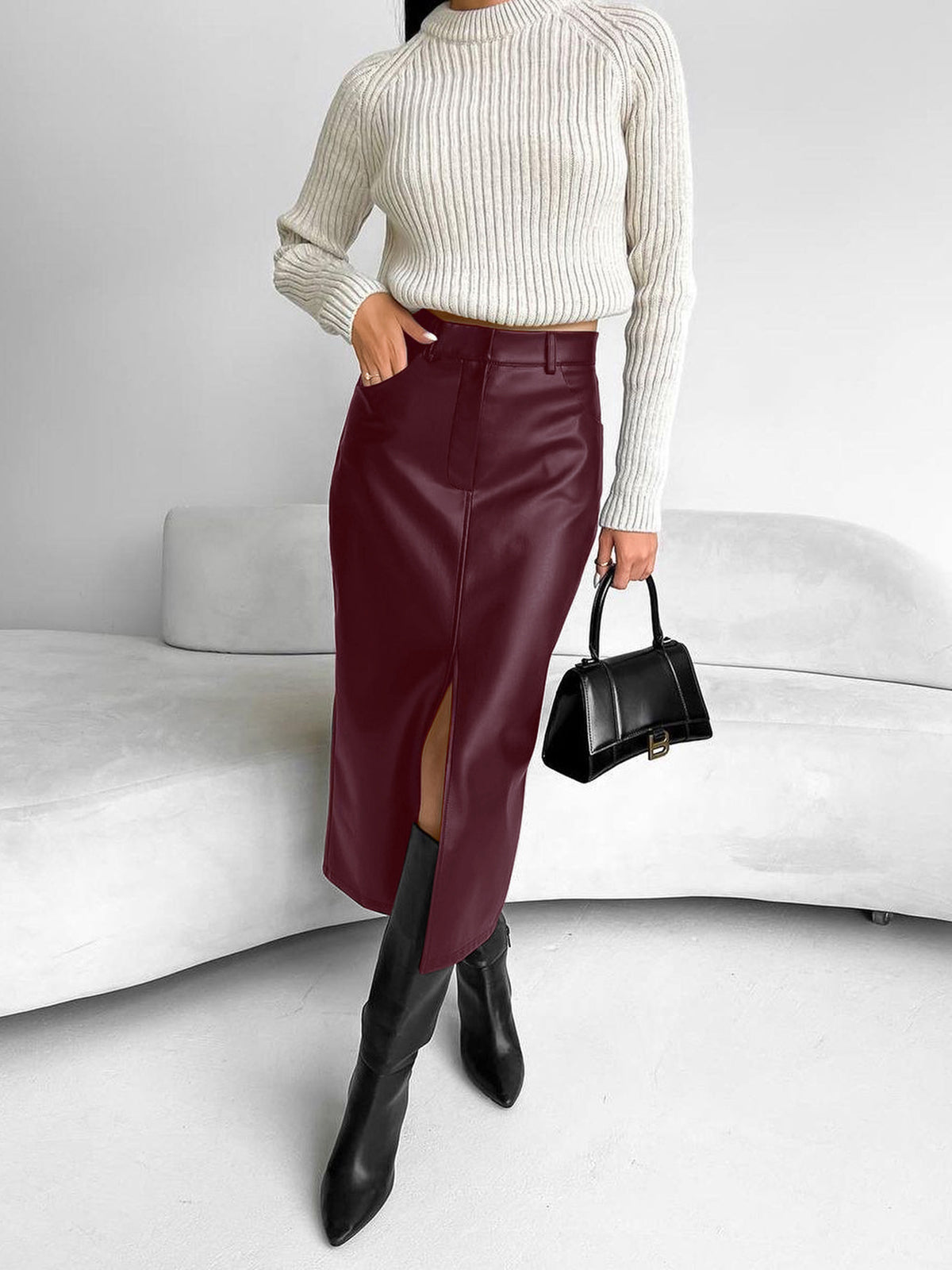Faux leather pencil midi skirt with front split in Burgundy, view 4