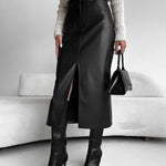 Faux leather pencil midi skirt with front split in Black, front view