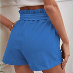 High waist shorts with ruffle waistband and tie belt, view 2
