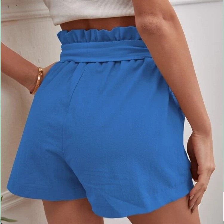 High waist shorts with ruffle waistband and tie belt, view 2