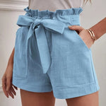 High waist shorts with ruffle waistband and tie belt in Light Blue, view 3