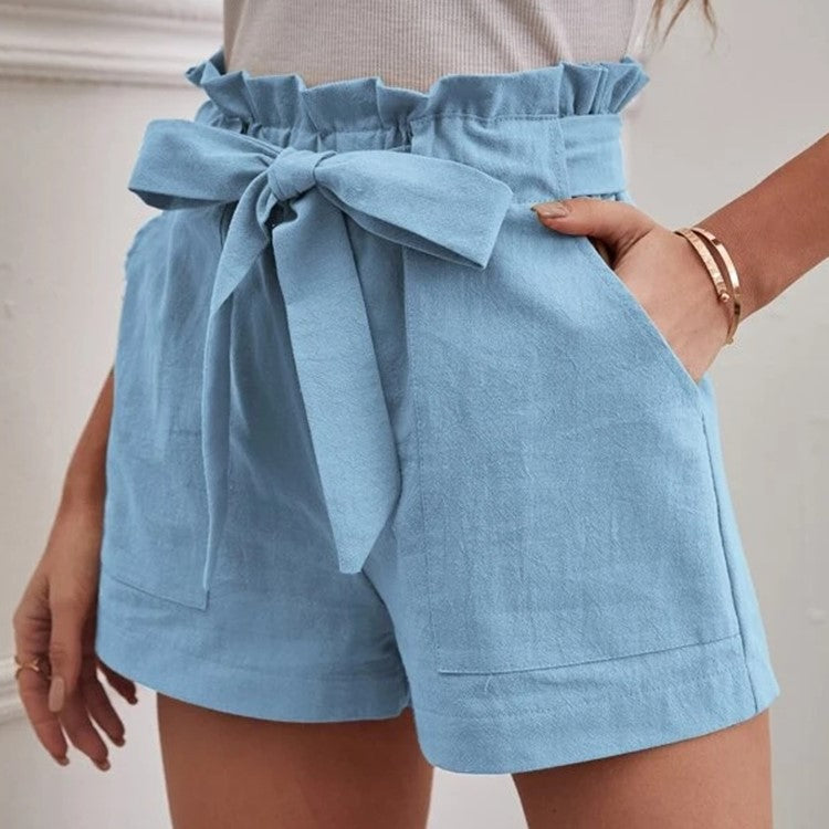 High waist shorts with ruffle waistband and tie belt in Light Blue, view 3