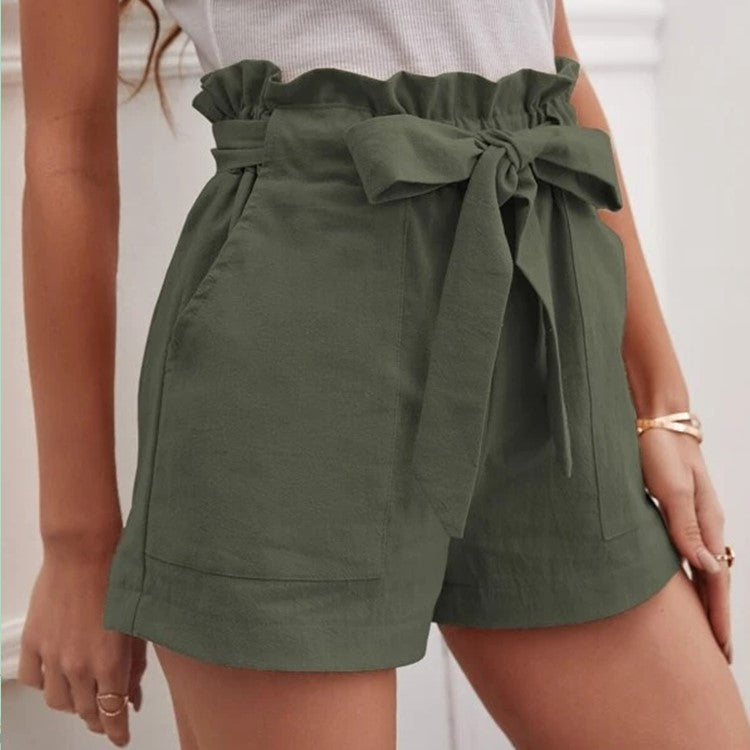 High waist shorts with ruffle waistband and tie belt in Army Green, view 4