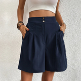 High waist pleated shorts with double button in Navy, view 3