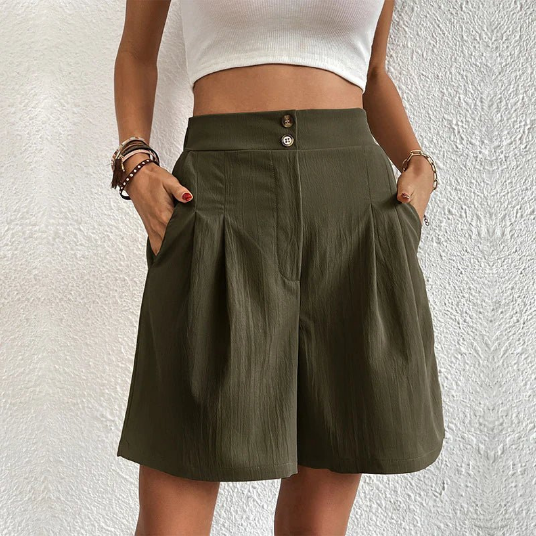 High waist pleated shorts with double button in Army Green, view 4