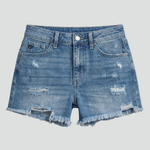 High waisted distressed denim shorts with raw hem, front view