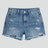 High waisted distressed denim shorts with raw hem, front view
