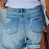 High waisted distressed denim shorts with rolled hem, view 4
