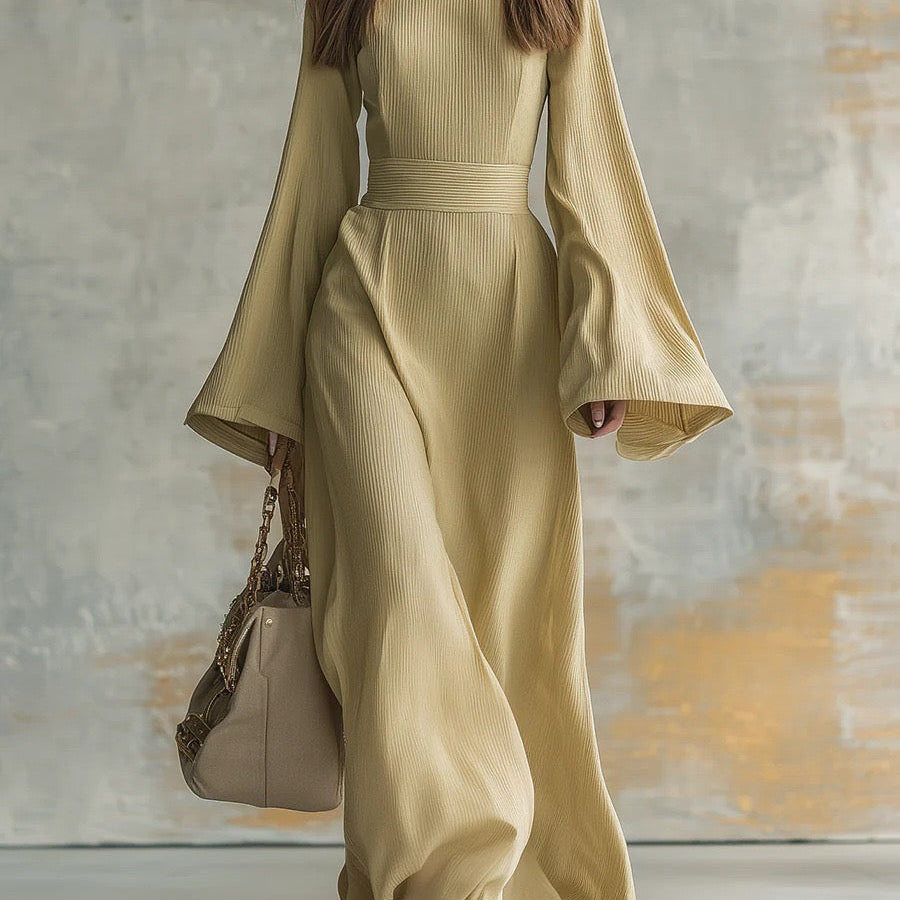 Selene flared sleeve evening dress in Sand Yellow, view 4