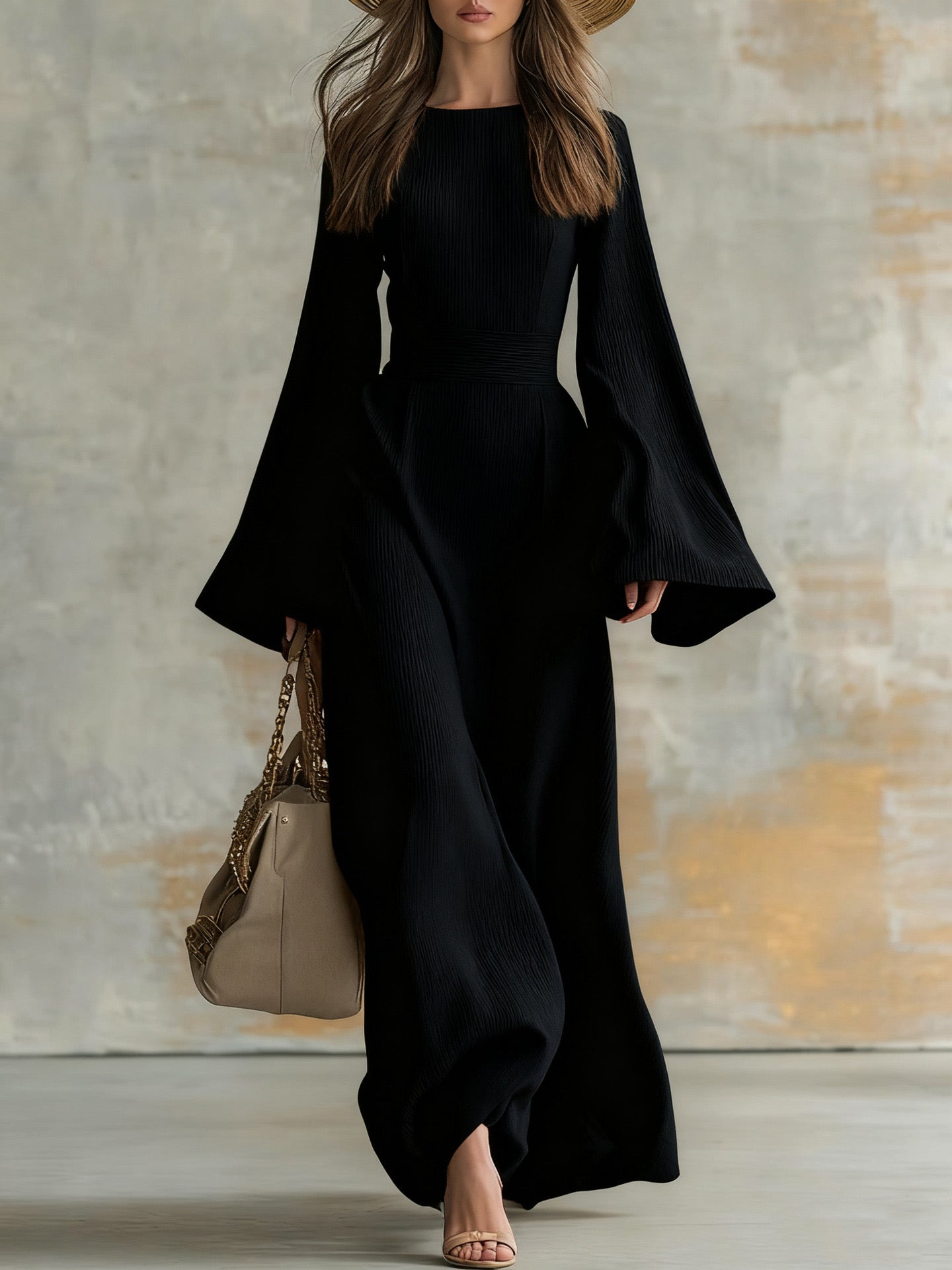Selene flared sleeve evening dress in Black, view 2