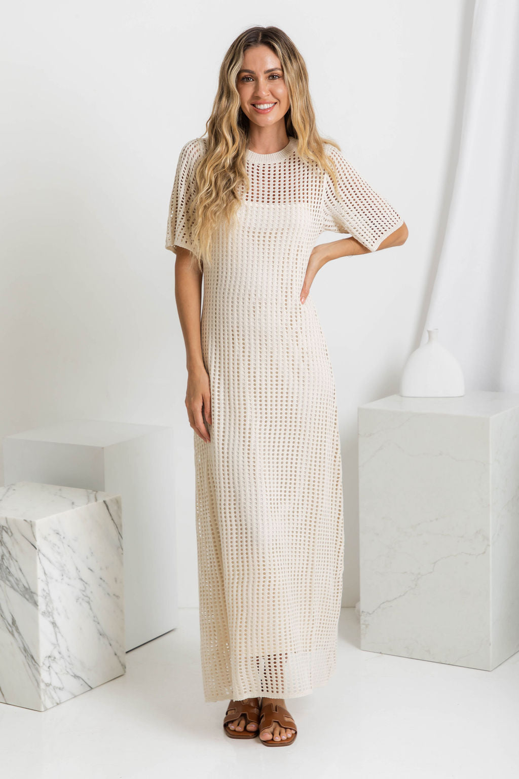 Airlie open knit maxi dress in White, view 6