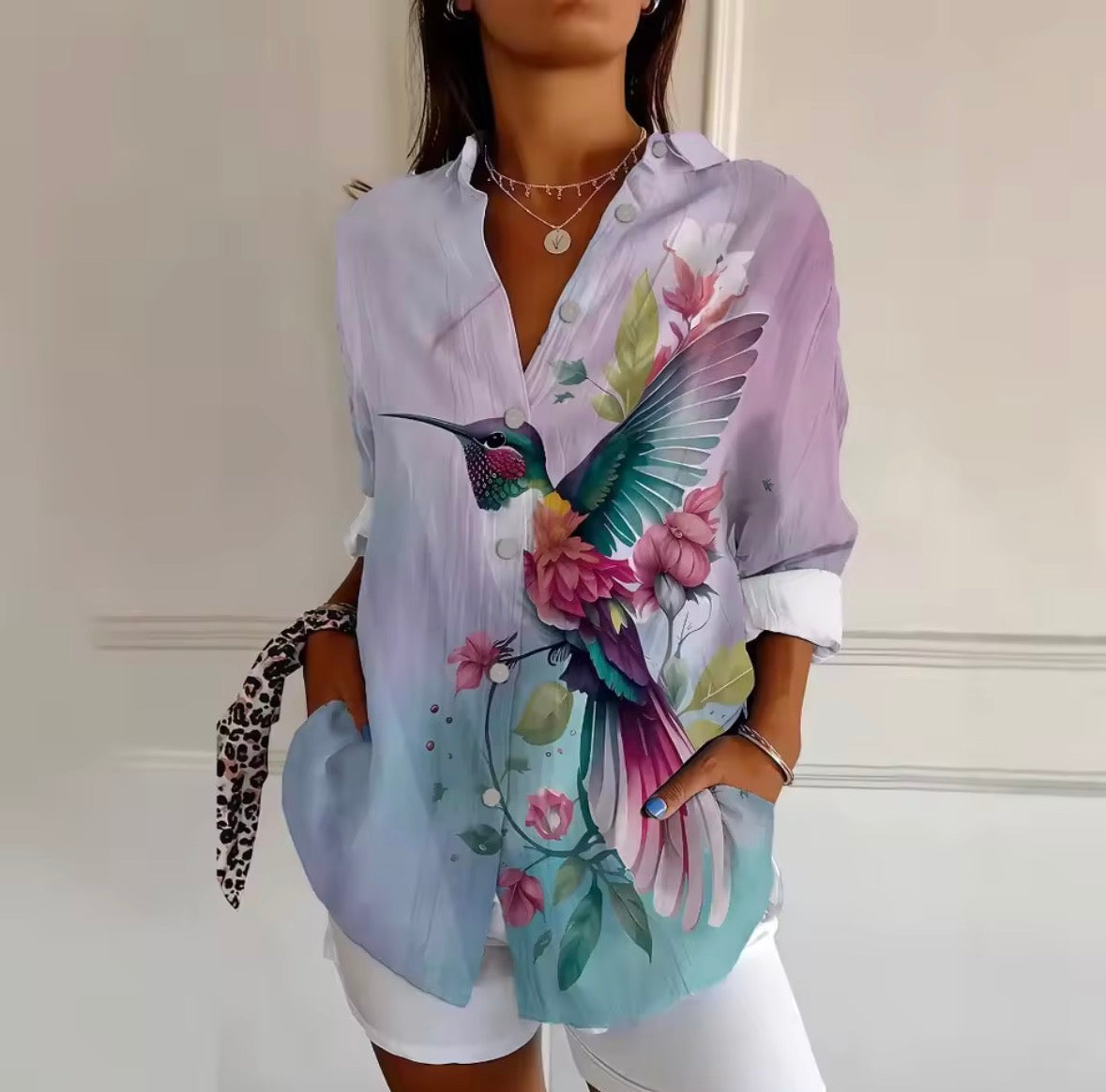 Delilah hummingbird print blouse, view 2