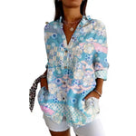 Peyton blue patchwork floral blouse, view 2