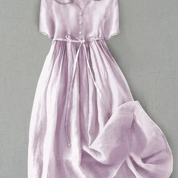 Isla cotton linen half sleeve dress in Light Purple, front view