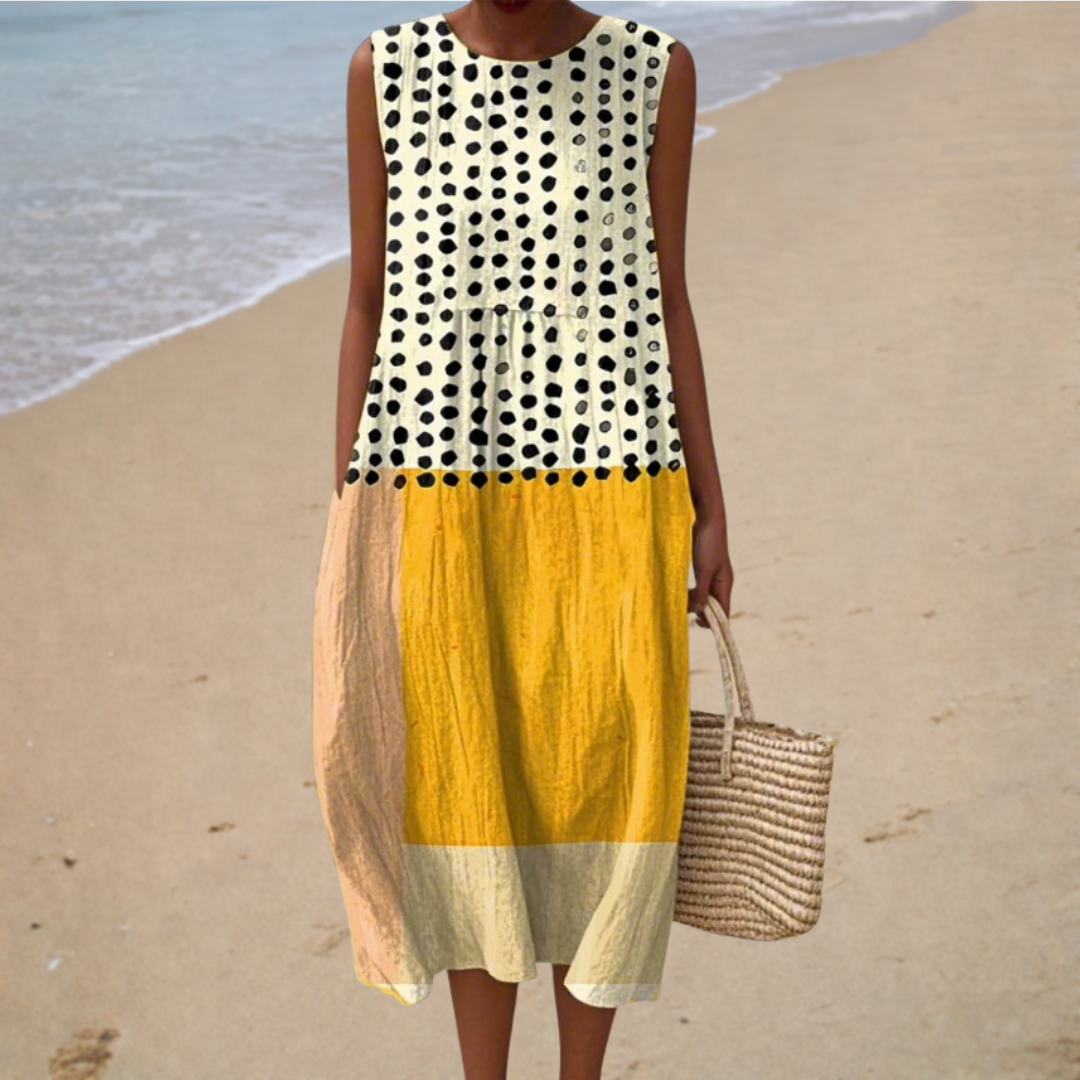 Comfortable Sleeveless Summer Dress, polka dot colour block print, front view