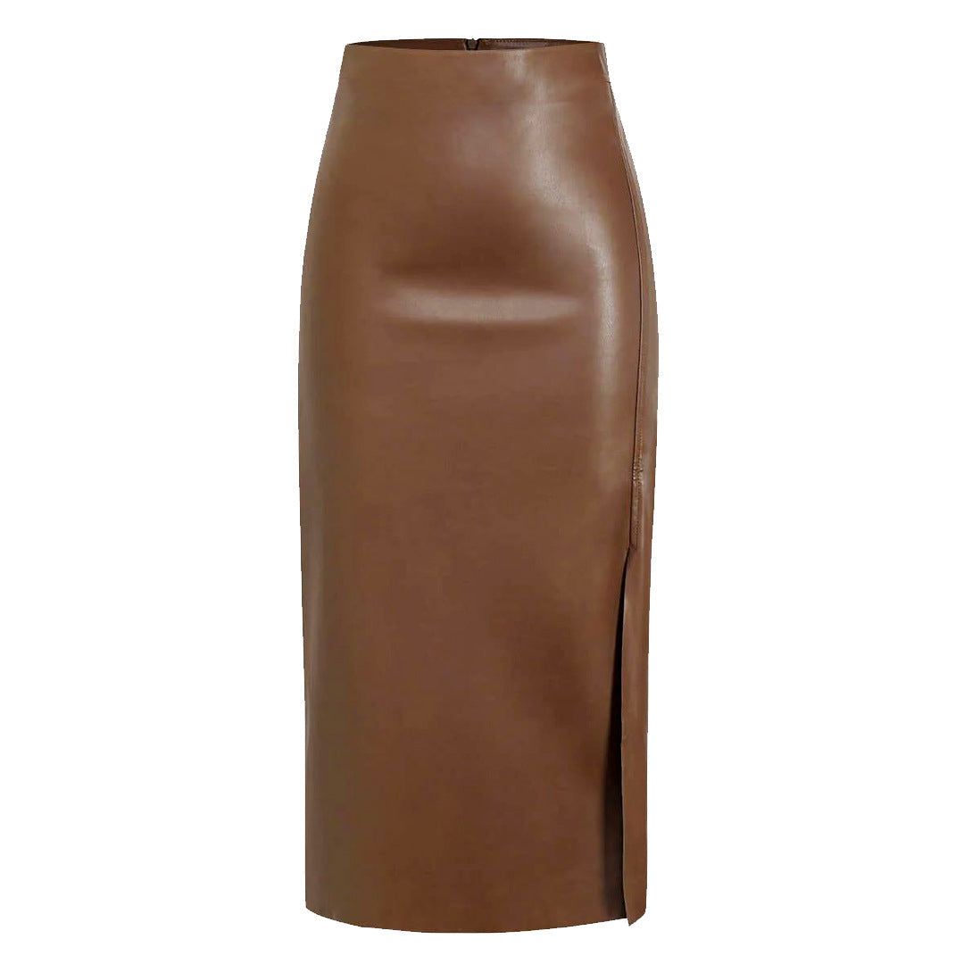 Leather look midi skirt with front split in Brown, view 6
