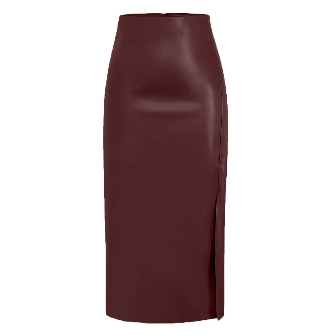 Leather look midi skirt with front split in Red, view 7