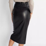 Leather look gathered wrap midi skirt, view 2