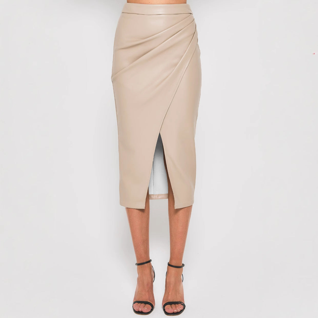 Leather look gathered wrap midi skirt, view 3